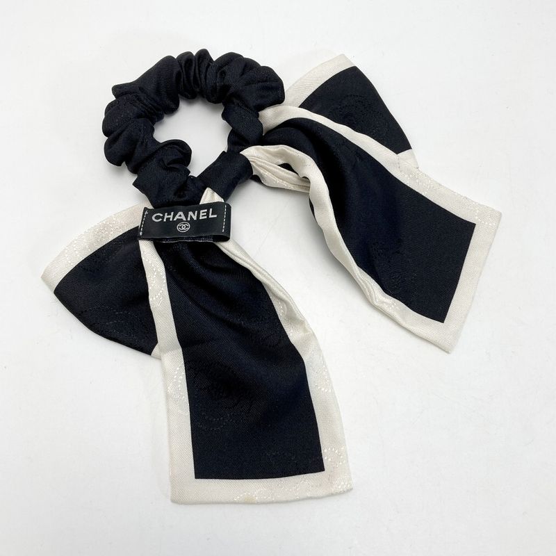 Chanel Ribbon Scrunchie Camellia Black White Silk Hair