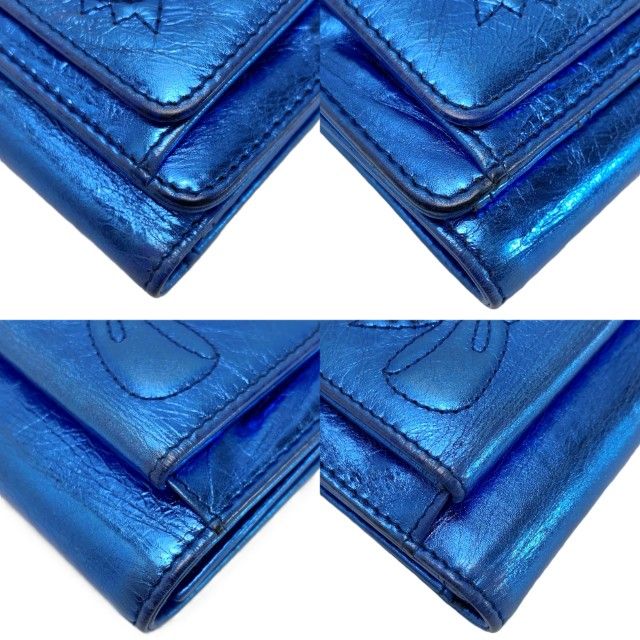 Chanel Trifold Wallet Ribbon Leather Metallic Blue Silver