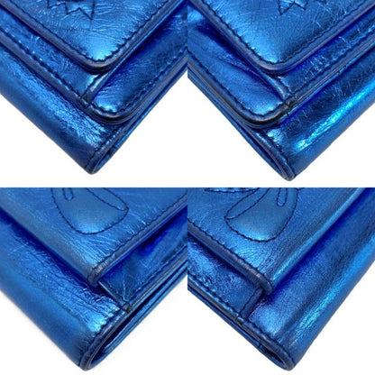 Chanel Trifold Wallet Ribbon Leather Metallic Blue Silver