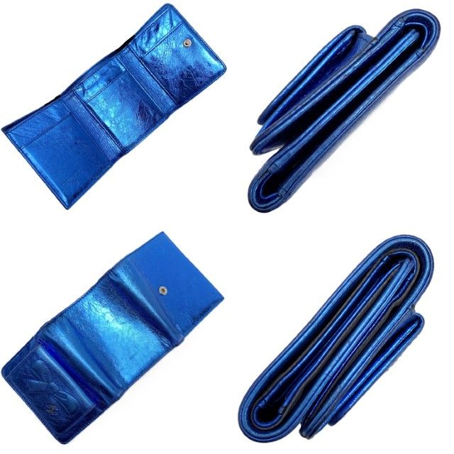 Chanel Trifold Wallet Ribbon Leather Metallic Blue Silver