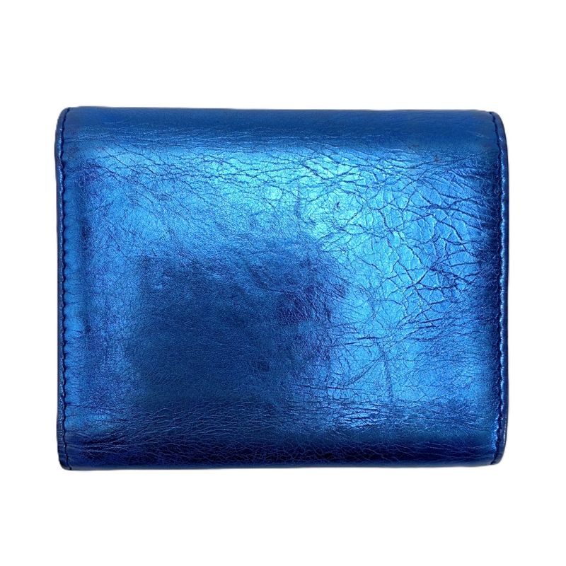 Chanel Trifold Wallet Ribbon Leather Metallic Blue Silver