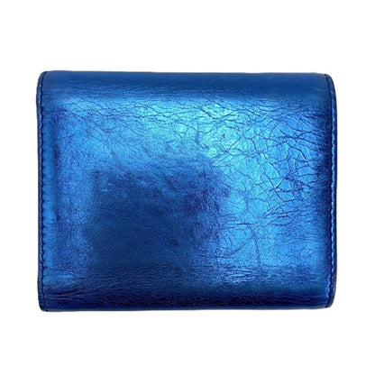 Chanel Trifold Wallet Ribbon Leather Metallic Blue Silver