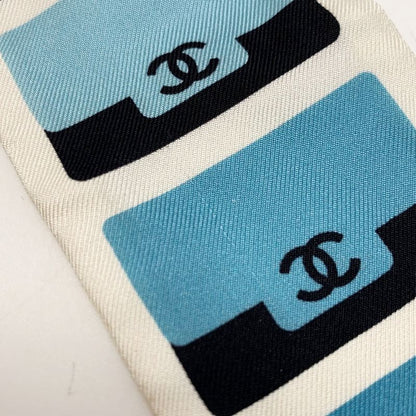 Chanel Headband Thin Scarf Twilly White Blue Silk