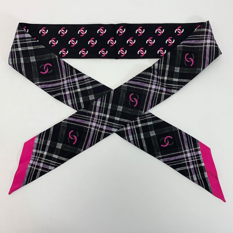 Chanel Headband Thin Scarf Twilly Black Pink Silk