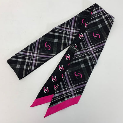Chanel Headband Thin Scarf Twilly Black Pink Silk