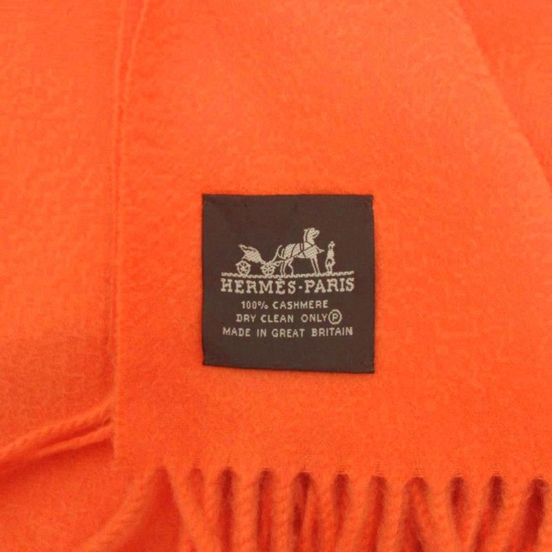 Hermes Sellier Paris Scarf Shawl Fringe Large Cashmere Orange