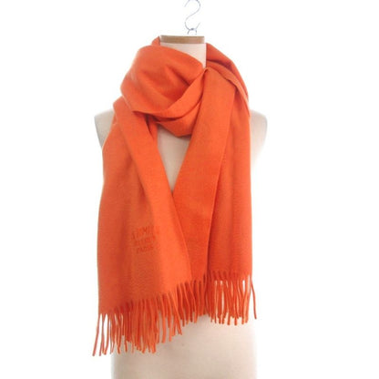 Hermes Sellier Paris Scarf Shawl Fringe Large Cashmere Orange