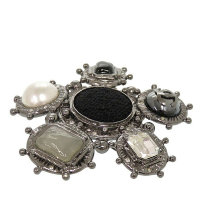 Chanel CC Logo Metal Black Silver Brooch