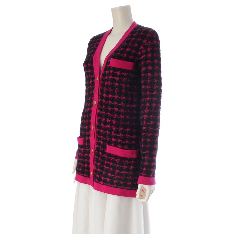 Saint Laurent Wool Alpaca Plaid Knit Cardigan Top Black Pink