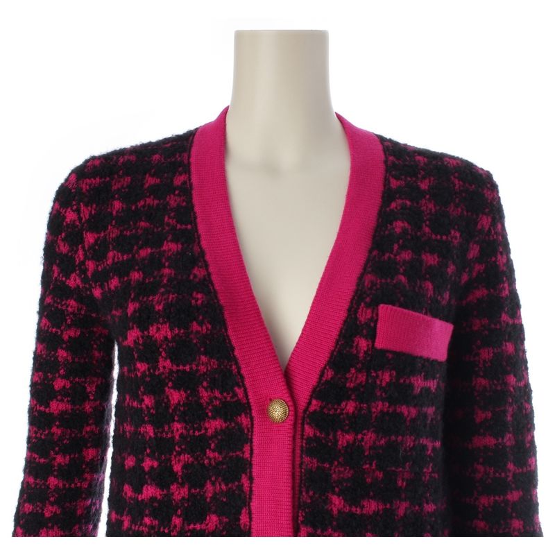 Saint Laurent Wool Alpaca Plaid Knit Cardigan Top Black Pink