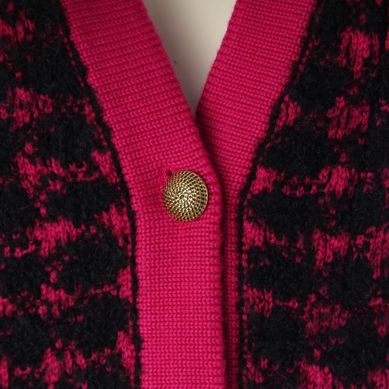 Saint Laurent Wool Alpaca Plaid Knit Cardigan Top Black Pink