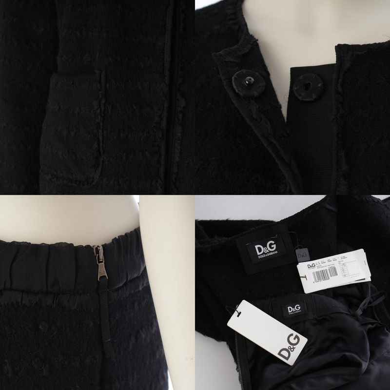 Dolce & Gabbana Wool Mohair Blend Collarless Jacket Skirt Set Black 44