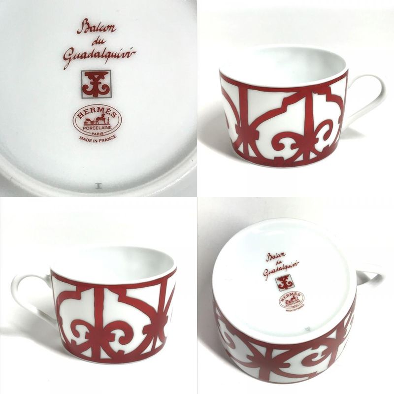 Hermes Teacup Cup & Saucer Set of 2 Pair Pottery White Shoulder Bag X Red
