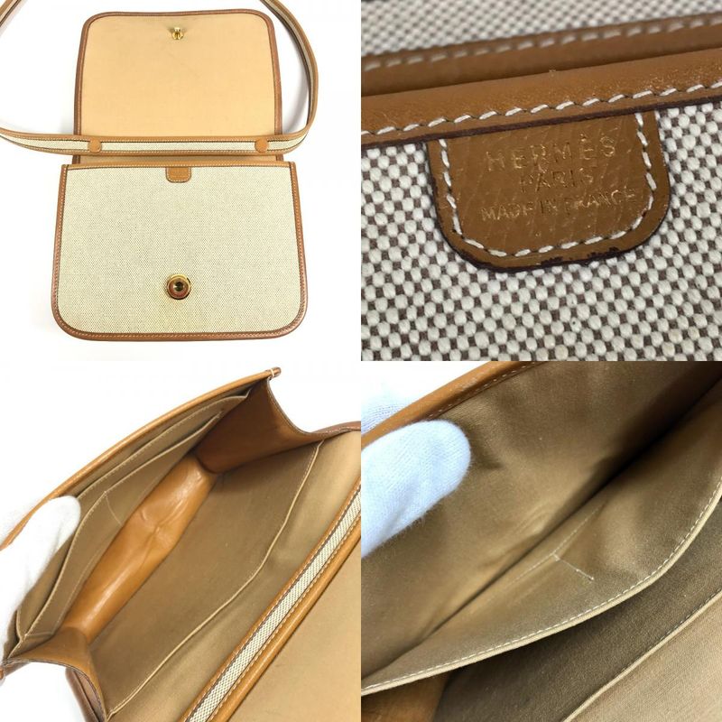 Hermes Shoulder Bag Tankard Leather Canvas Beige