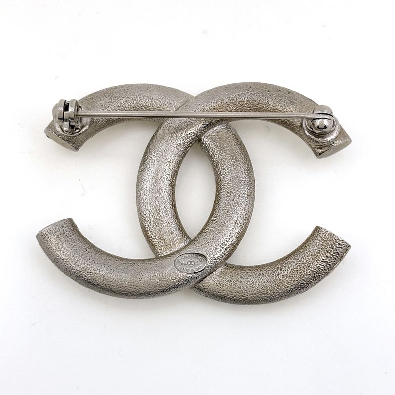 Chanel CC Logo Rhinestone Brooch Metal Silver