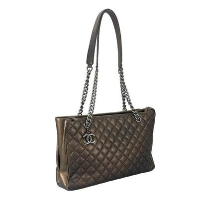 Chanel Quilted Tote Caviar Leather Brown Silver