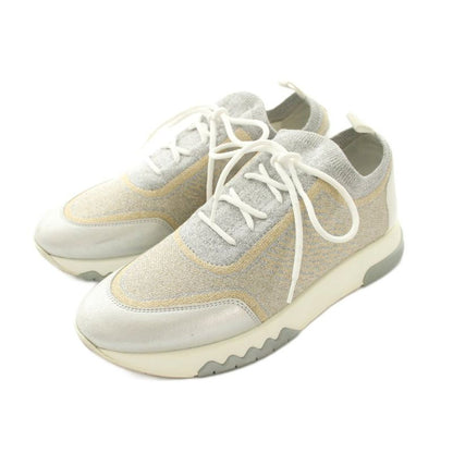 Hermes Addict Sneakers Shoes 37 Gray Silver Gold Lame Low Cut YM