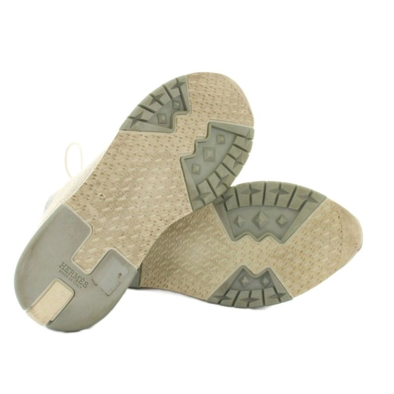 Hermes Addict Sneakers Shoes 37 Gray Silver Gold Lame Low Cut YM