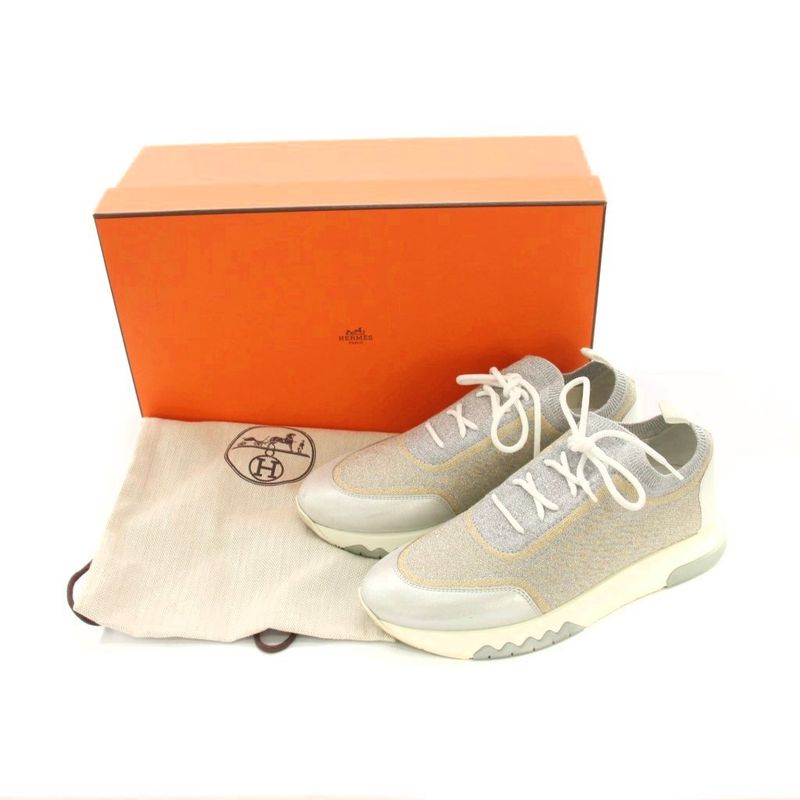 Hermes Addict Sneakers Shoes 37 Gray Silver Gold Lame Low Cut YM