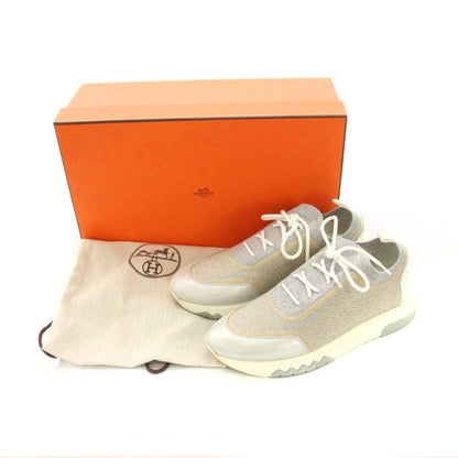 Hermes Addict Sneakers Shoes 37 Gray Silver Gold Lame Low Cut YM