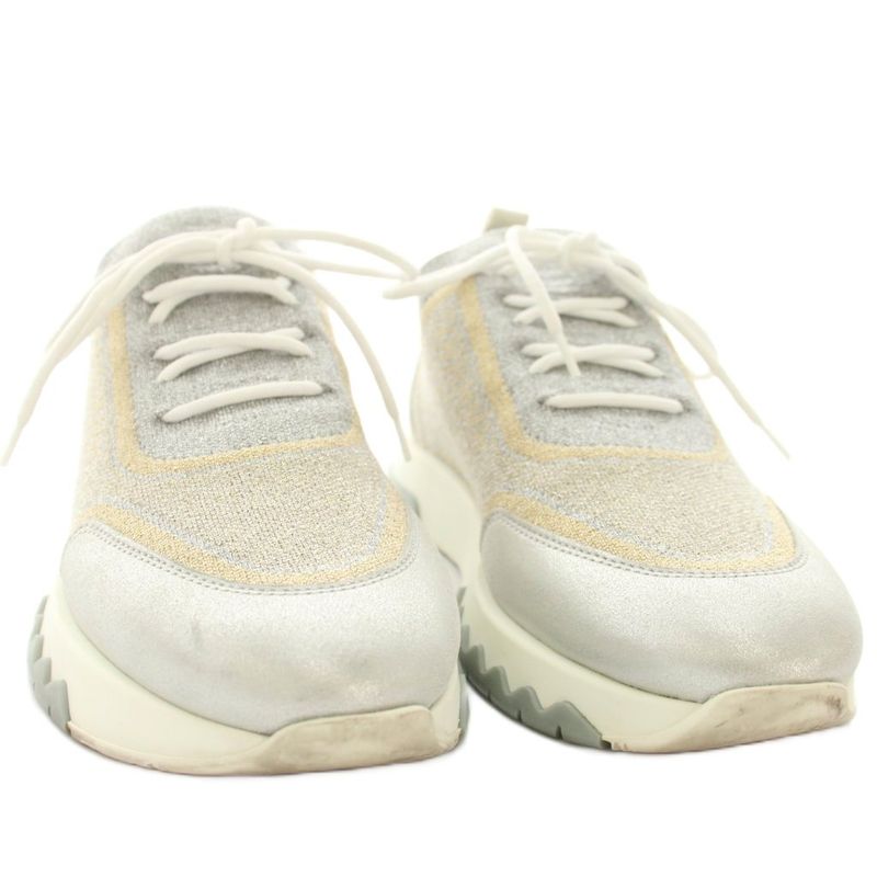 Hermes Addict Sneakers Shoes 37 Gray Silver Gold Lame Low Cut YM