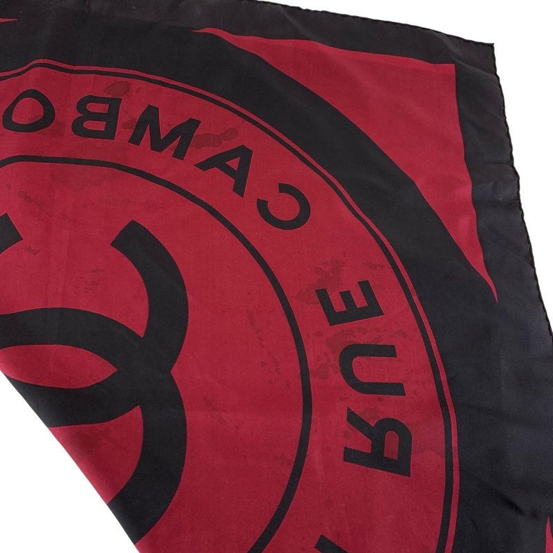 Chanel Vintage 31 Rue Cambon CC Logo Wine Red Black Silk Scarf