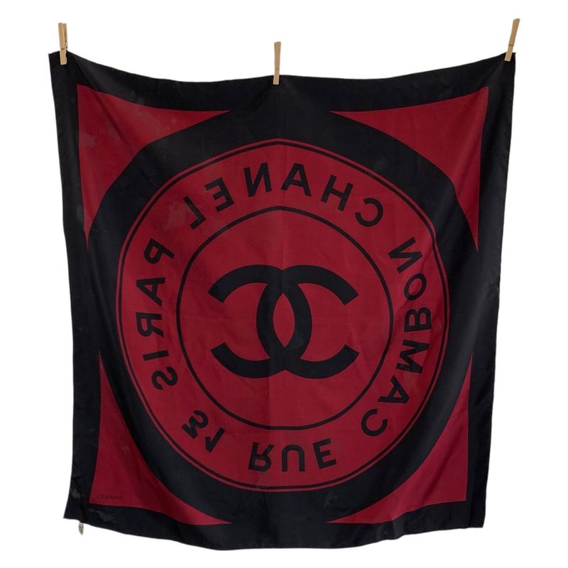 Chanel Vintage 31 Rue Cambon CC Logo Wine Red Black Silk Scarf