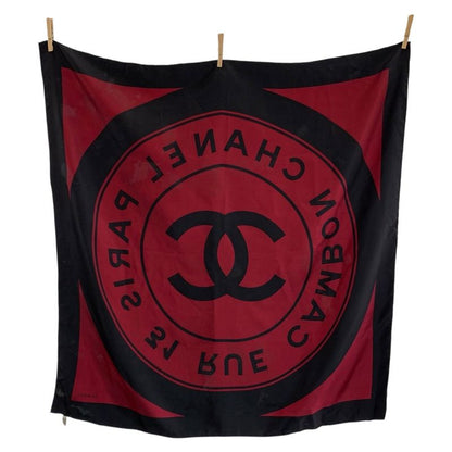 Chanel Vintage 31 Rue Cambon CC Logo Wine Red Black Silk Scarf