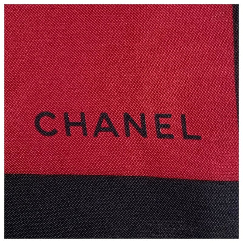 Chanel Vintage 31 Rue Cambon CC Logo Wine Red Black Silk Scarf