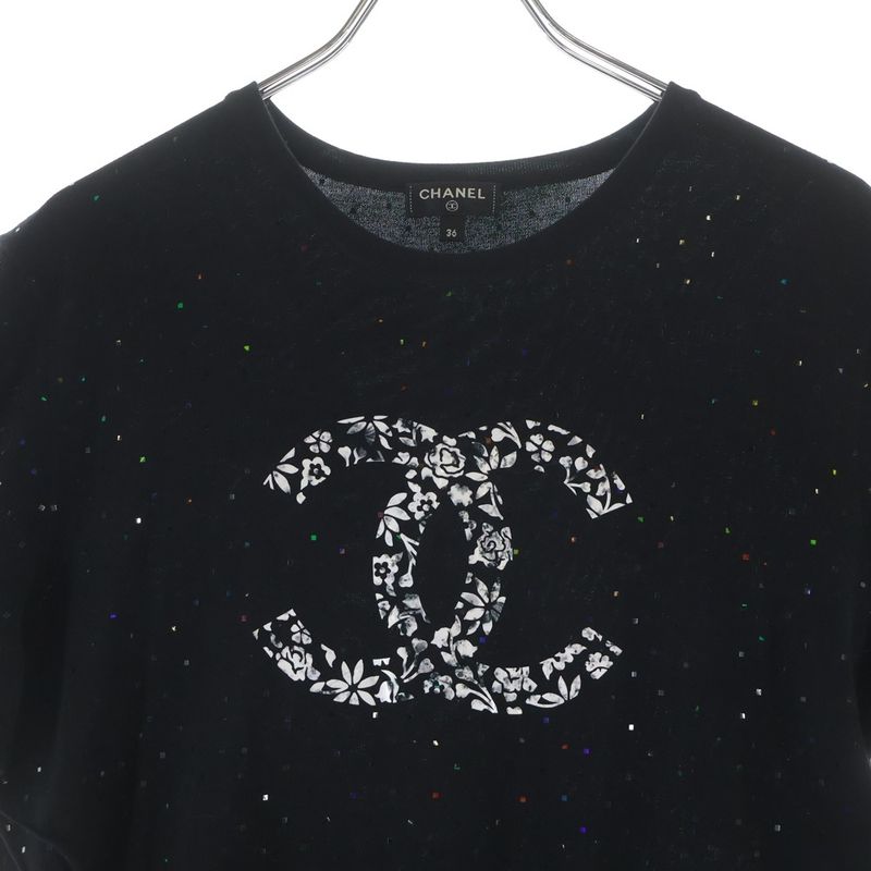 Chanel CC Logo Lame Top Short Sleeve Dress Cotton Black