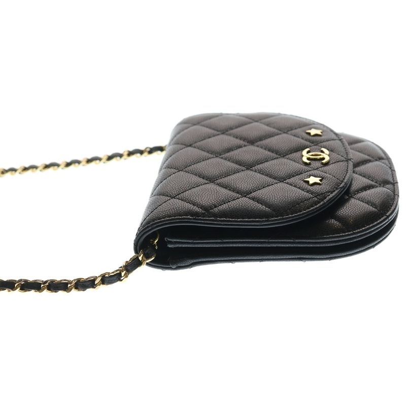 Chanel CC Logo Half Moon Flap Chain Shoulder Bag Black Caviar Leather Gold