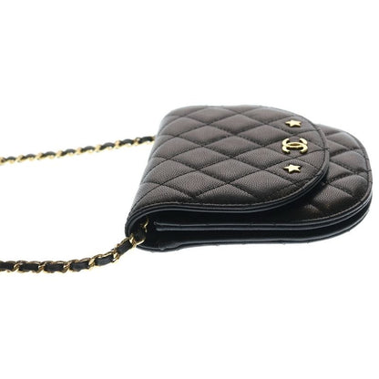 Chanel CC Logo Half Moon Flap Chain Shoulder Bag Black Caviar Leather Gold