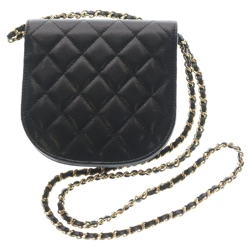 Chanel CC Logo Half Moon Flap Chain Shoulder Bag Black Caviar Leather Gold