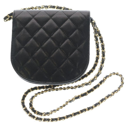 Chanel CC Logo Half Moon Flap Chain Shoulder Bag Black Caviar Leather Gold