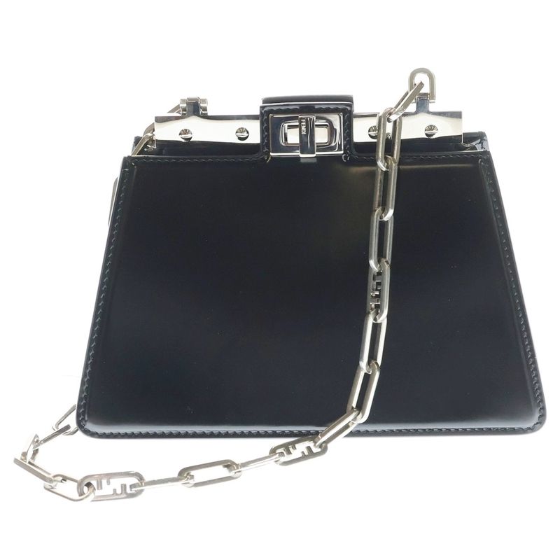 Fendi Peekaboo Cut Mini Shoulder Bag Chain Leather Black