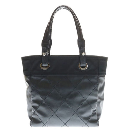 Chanel CC Logo Paris Biarritz Tote PM Handbag Black Leather Silver