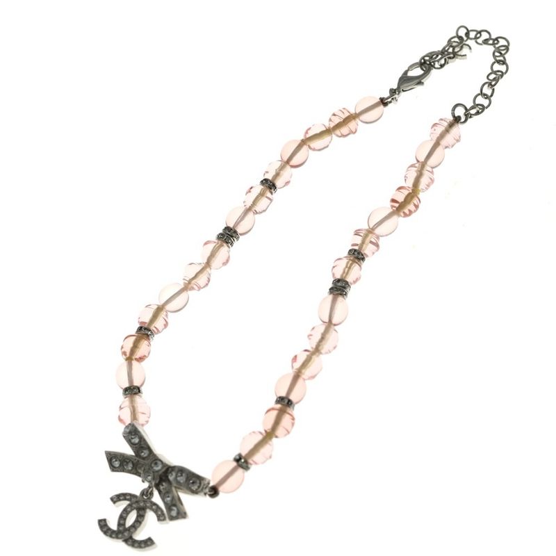 Chanel CC Logo Rhinestone Ribbon Necklace Pendant Pink