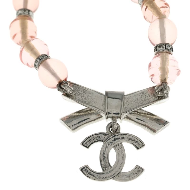 Chanel CC Logo Rhinestone Ribbon Necklace Pendant Pink
