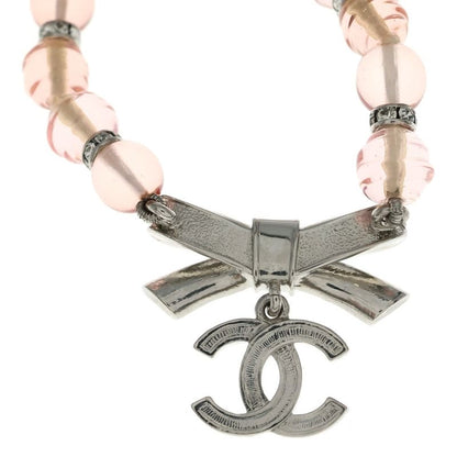 Chanel CC Logo Rhinestone Ribbon Necklace Pendant Pink