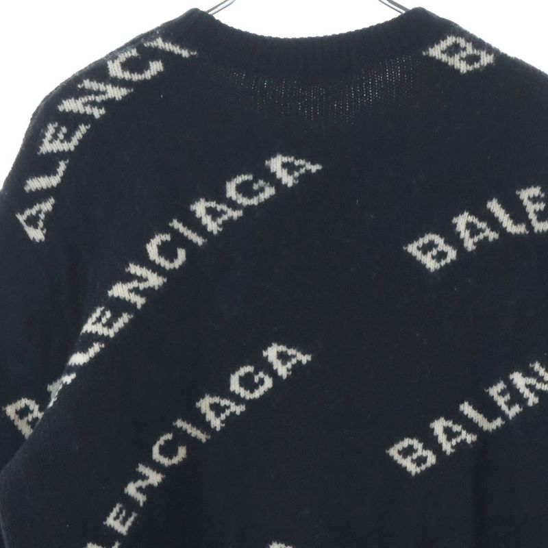 Balenciaga Logo Allover Crew Neck Knit Sweater Black