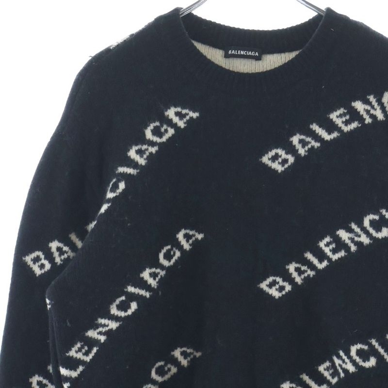 Balenciaga Logo Allover Crew Neck Knit Sweater Black