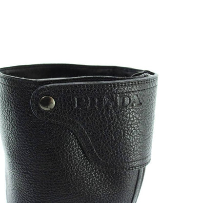Prada Engineer Boots Grain Leather Long Logo Round Toe 36 Black