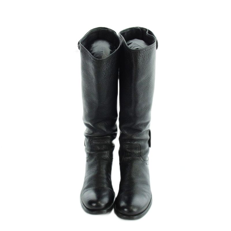 Prada Engineer Boots Grain Leather Long Logo Round Toe 36 Black