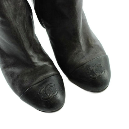 Chanel Long Boots Round Toe Leather CC Logo 39