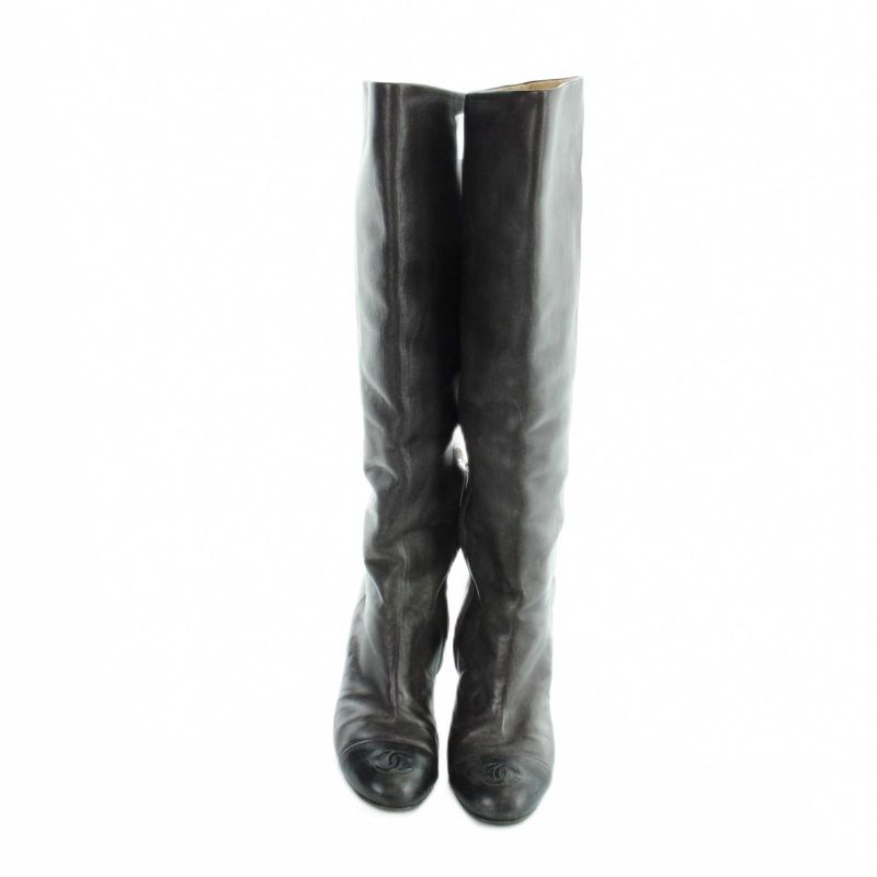 Chanel Long Boots Round Toe Leather CC Logo 39