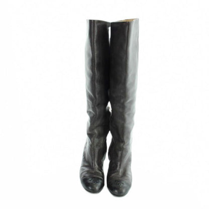 Chanel Long Boots Round Toe Leather CC Logo 39