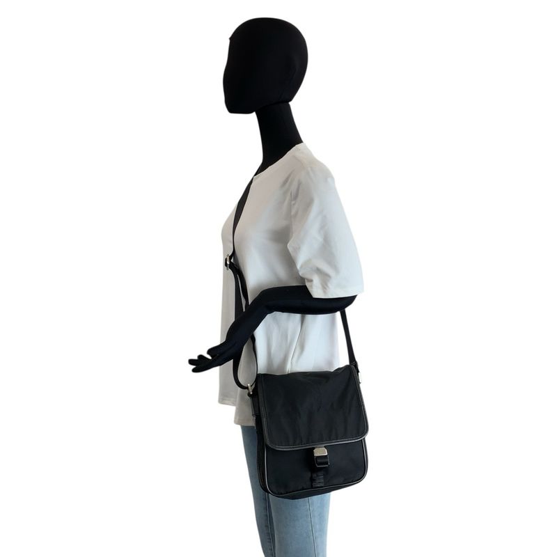 Prada Tessuto Black Silver Nylon Leather Shoulder Bag
