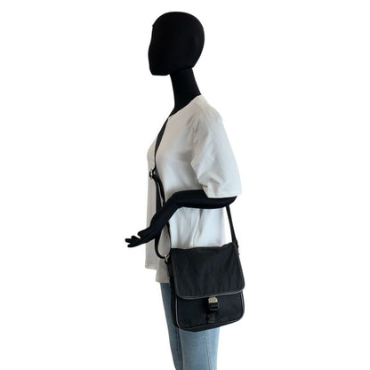 Prada Tessuto Black Silver Nylon Leather Shoulder Bag
