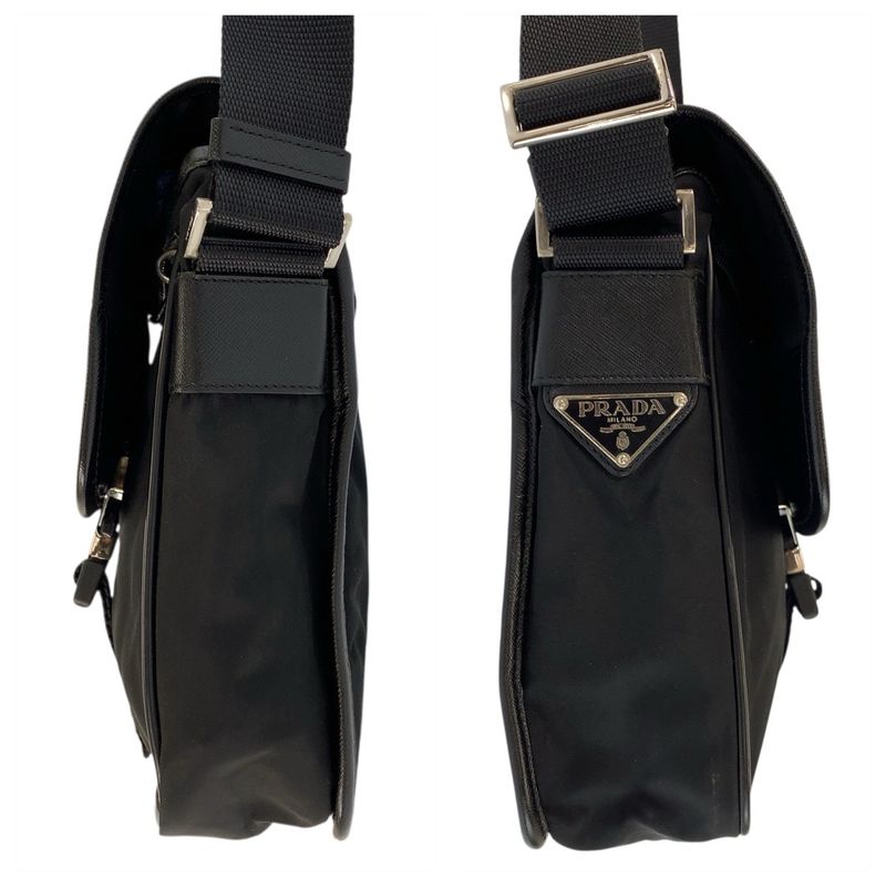 Prada Tessuto Black Silver Nylon Leather Shoulder Bag