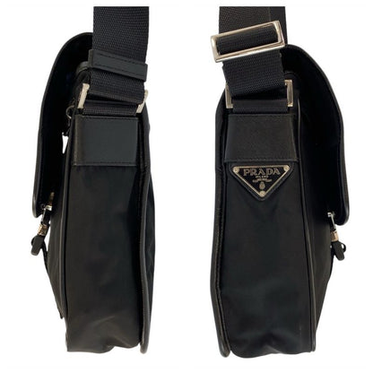 Prada Tessuto Black Silver Nylon Leather Shoulder Bag